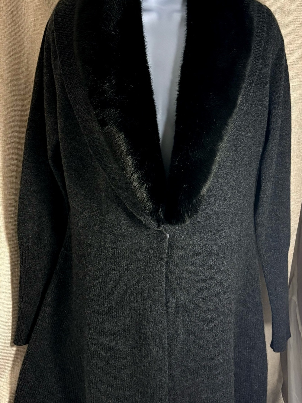 Claudia Nichole 100% Cashmere Sweater Coat Removable Fur Collar Charcoal XS